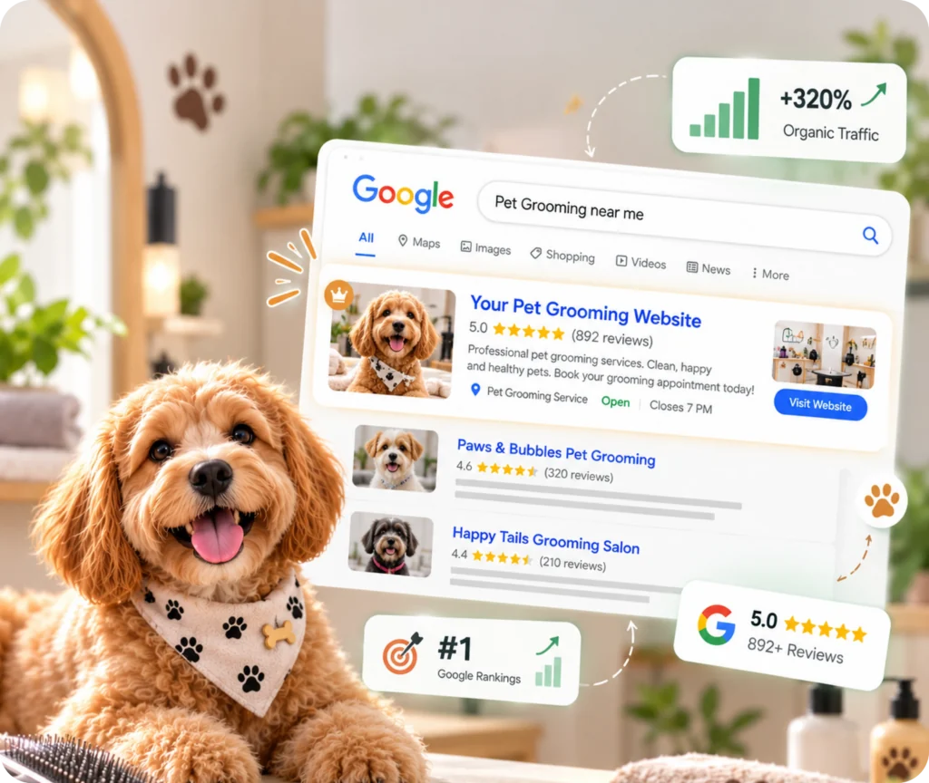 Pet grooming SEO services showing a structured search optimization strategy focused on visibility, local discovery, measurable results, qualified enquiries, and ongoing growth