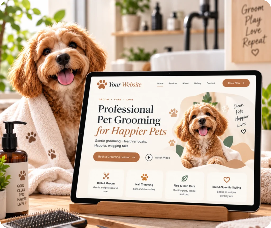 Pet Grooming Website Design & Development Service Pet grooming website design and development showing a custom website built around grooming services, customer information, booking needs, business tools, and team management