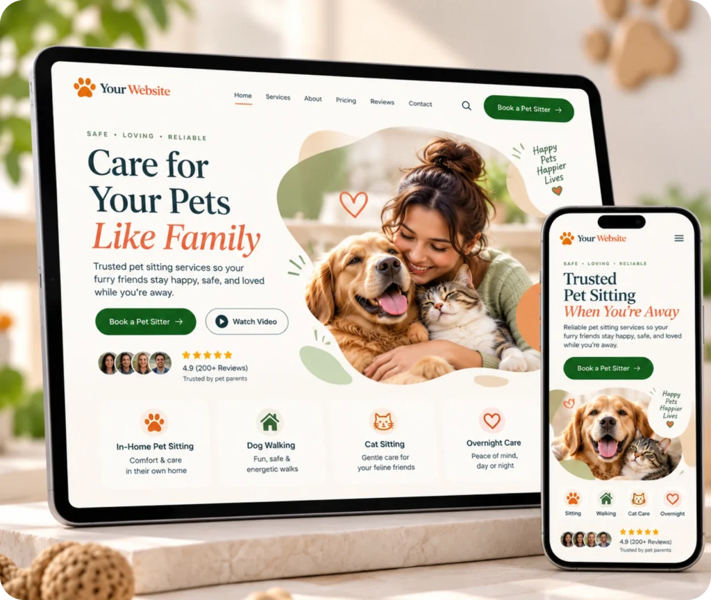 Pet Sitter Website Design & Development Service Pet sitter website design showing a custom WordPress website built around pet sitting, dog walking, customer enquiries, and business management