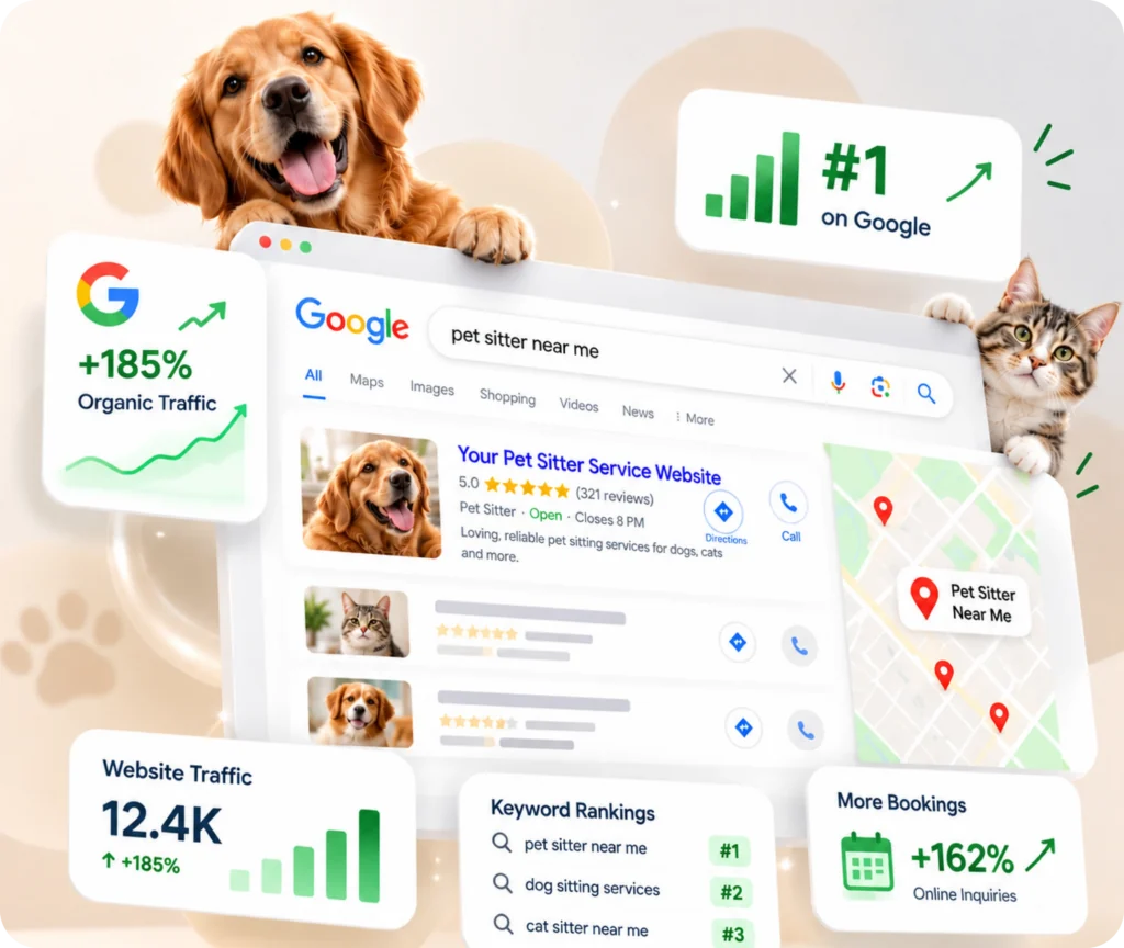 Pet Sitter Website SEO Services Pet sitter SEO services showing a search-focused strategy designed to improve local visibility, measurable tracking, useful content, and growth for pet sitting businesses