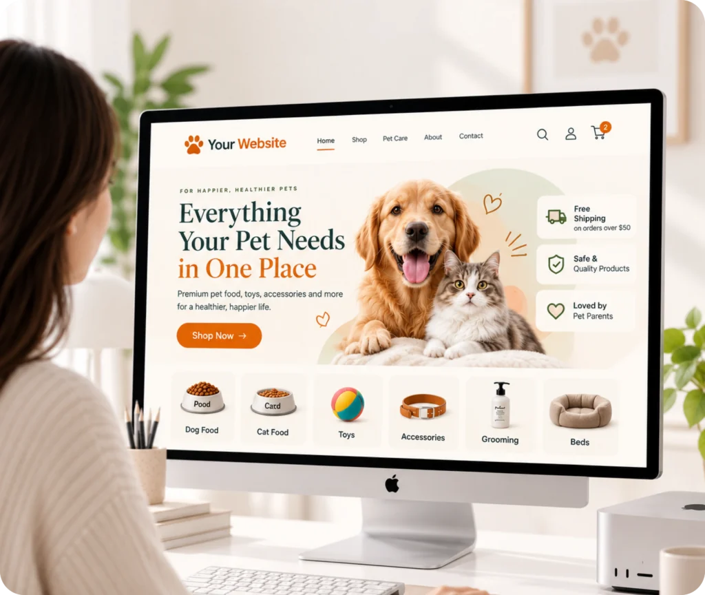 Pet Store Website Design & Development Service Pet store website design and development showing a custom website built around a pet retail business, clear navigation, content management, and connected tools