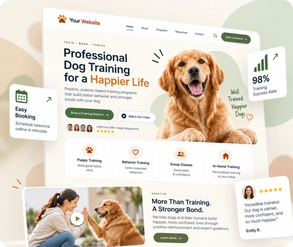 Dog training website design showing a professional website built around training services, clear visitor journeys, easy content management, and business needs