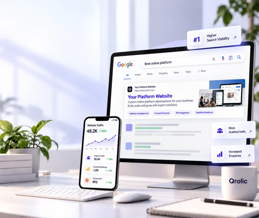 Online platform SEO services showing a structured search strategy that improves visibility, qualified traffic, and measurable enquiries