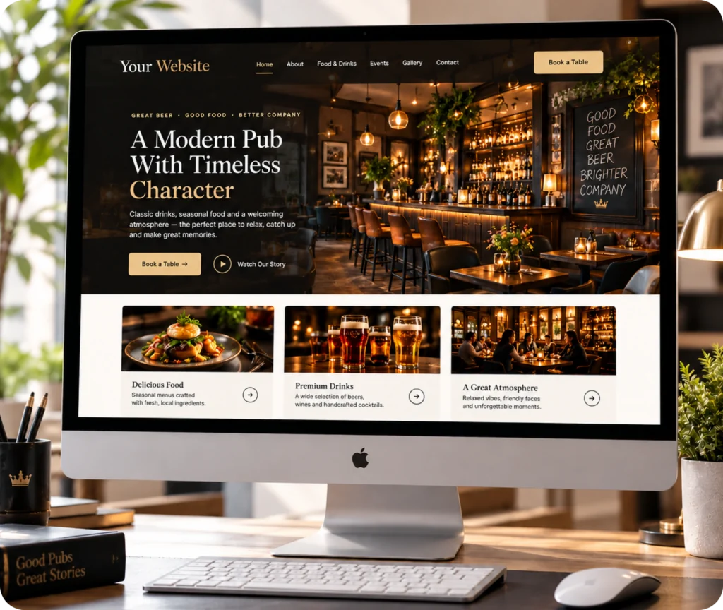 Pub website design and development showing a custom website built around a pub business, visitor experience, brand identity, editable content, and business needs
