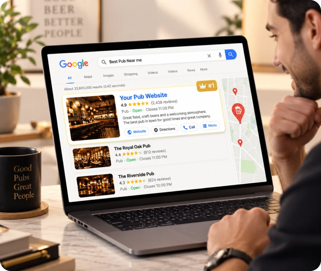 Pub Website SEO Service Pub SEO services showing a search-focused strategy designed to improve local discovery, website visibility, customer actions, and ongoing online growth for pubs