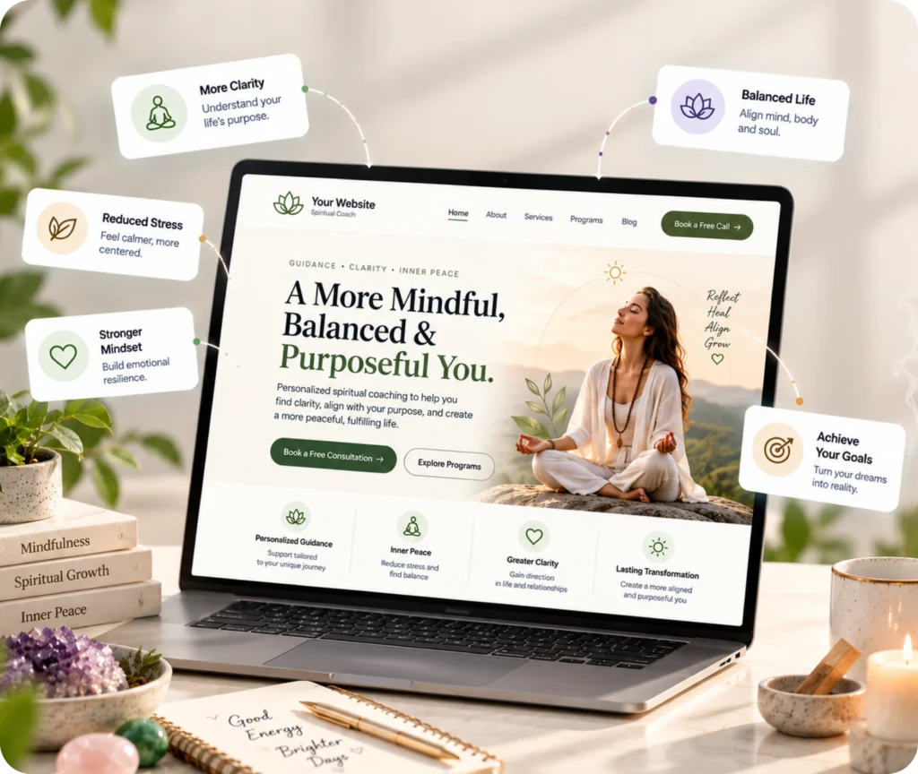 Spiritual Coach Website Design & Development Service Spiritual coach website design and development showing a custom professional website experience built around a coaching business, audience, offers, and brand