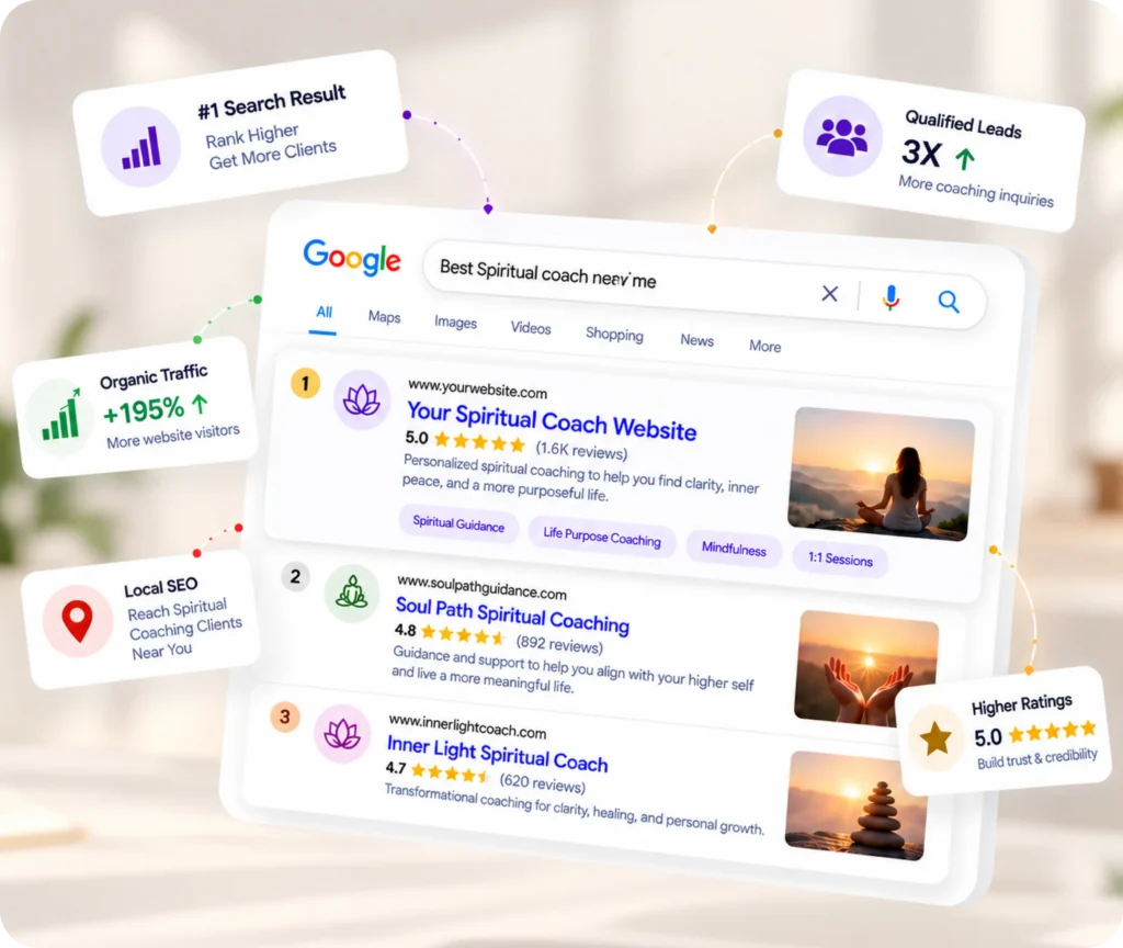 Spiritual Coach Website SEO Service Spiritual coach SEO services showing a search-focused strategy designed to improve website visibility, attract relevant audiences, and support coaching business growth