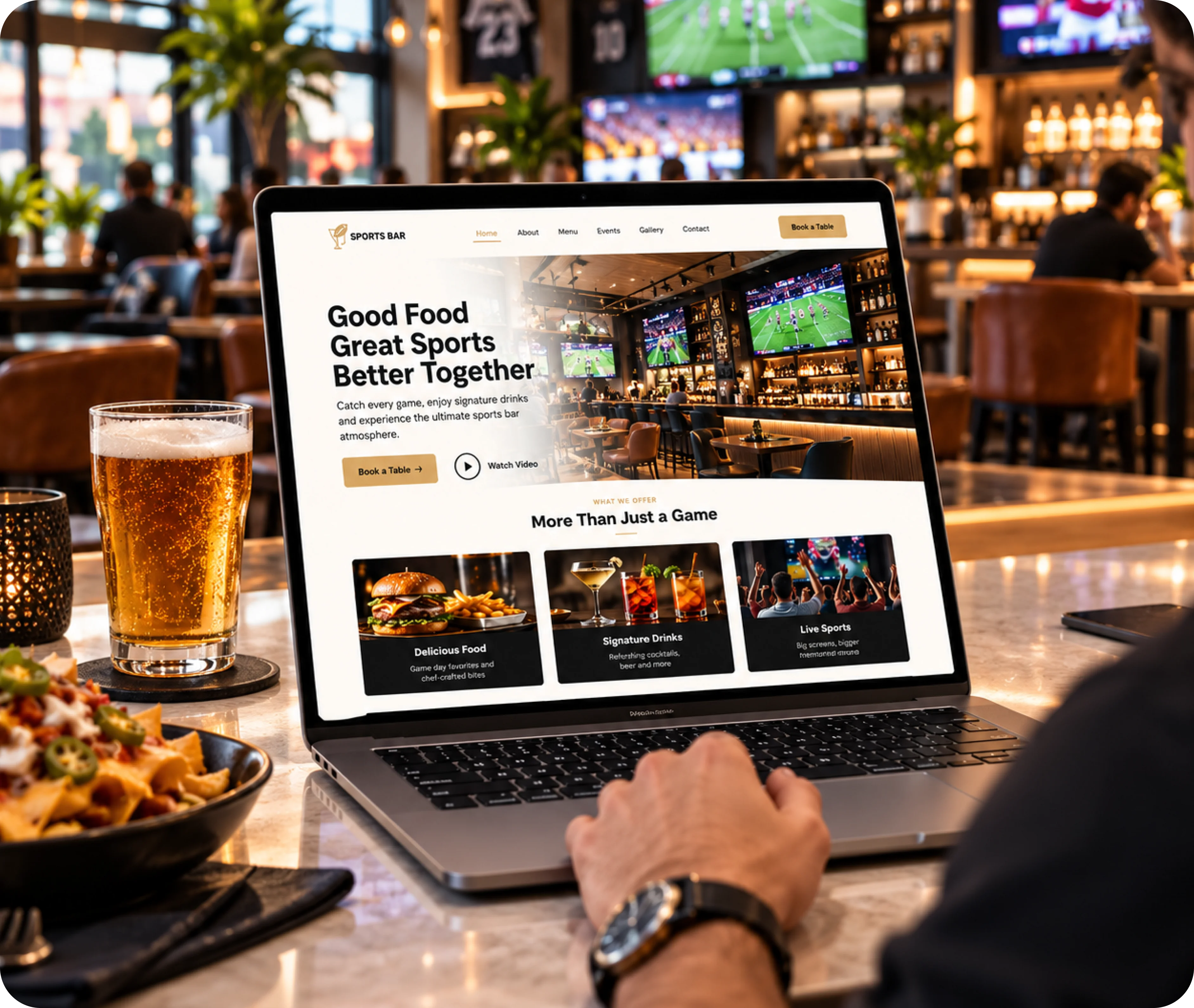 Sports bar website design and development showing a custom website experience built around a sports venue's audience, brand, content, visitor journey, and business needs
