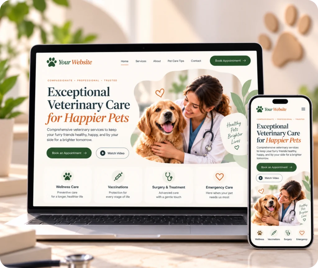 Veterinary Website Design & Development Service Veterinary website design showing a custom WordPress website built around a veterinary clinic's services, content, user experience, management, and ownership needs