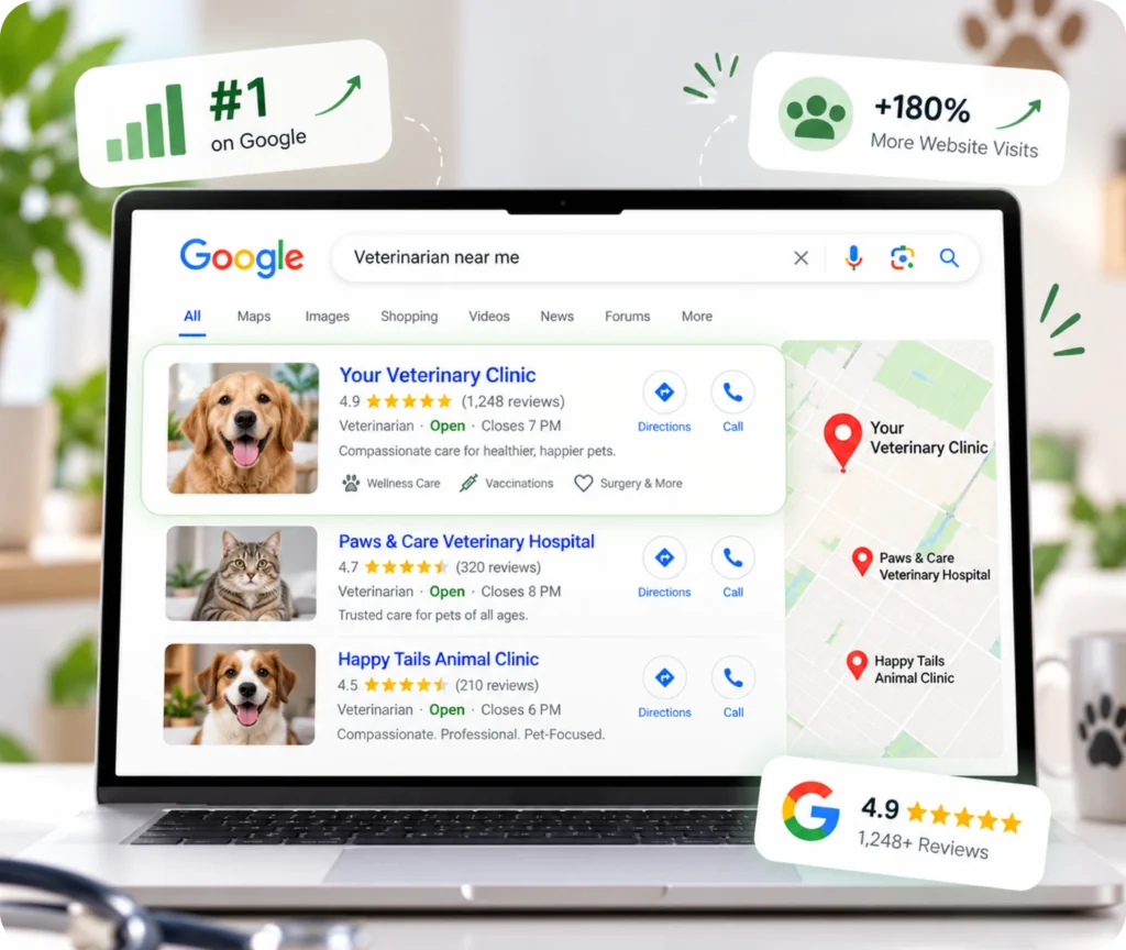 Veterinary SEO Services for Vet Clinics Veterinary SEO services showing a structured search strategy focused on improving clinic visibility, local presence, measurable results, relevant content, and conversion opportunities